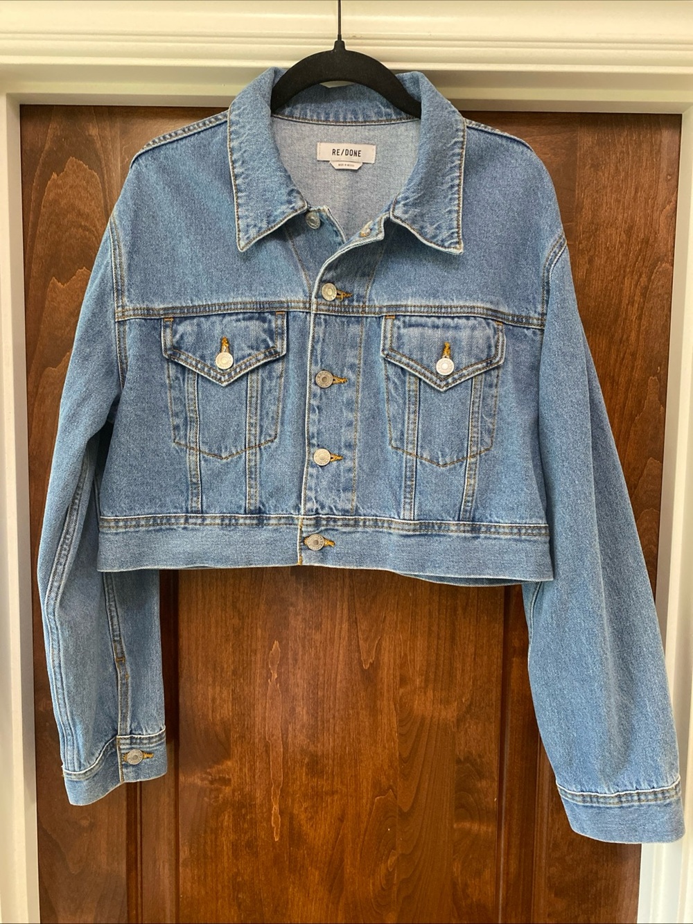 Re/Done Relaxed Cropped Denim Jean Jacket Sz M in River Stone Wash